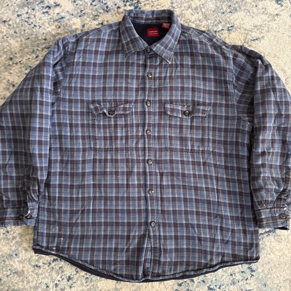 VNT Arrow Plaid Flannel Fleece Lined Mens Large Shirt Blue Long Sleeves 2 Pocket